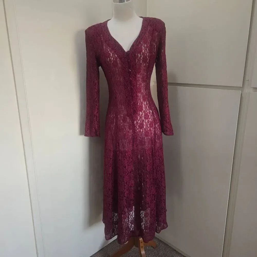 Vtg 80s All That Jazz Cranberry Lace Overlay Dress, Shoulder Pads, NWOT,M